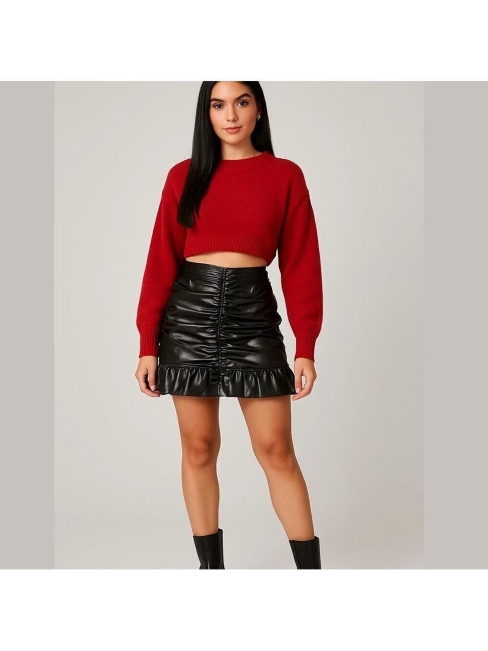 A Calin Flying Tomato Bodycon Black Pleather Mini Skirt Cinched Front Zipper M